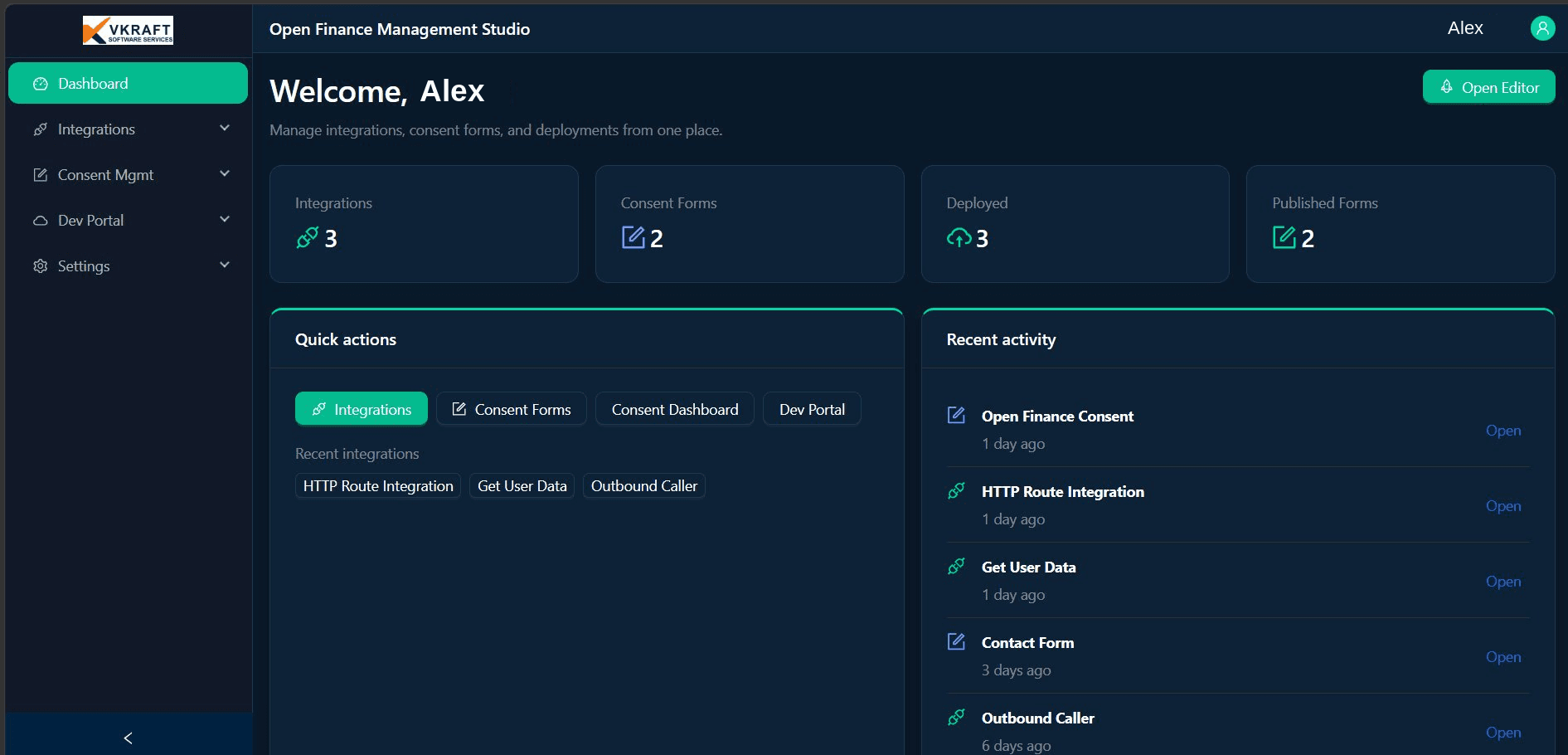 Projects, integrations & recent activity